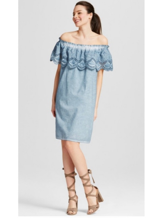 Knox Rose Off The Shoulder Embroidered Eyelet Chambray Dress - Picture 2 of 14